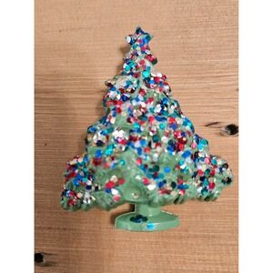 Vintage Christmas Tree Figurine Green‎ with Colorful Confetti Holiday Decor